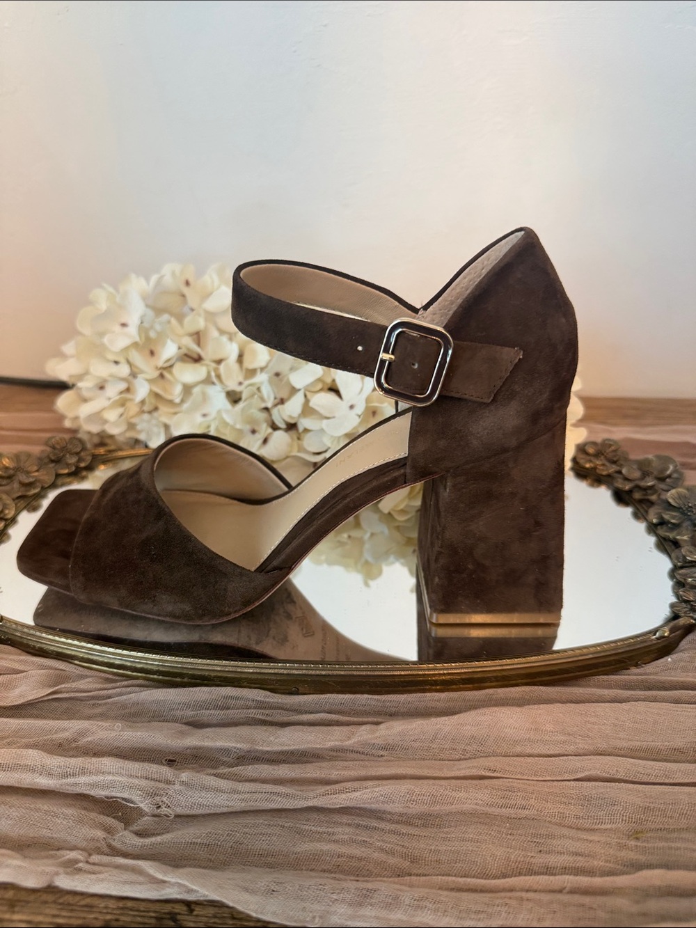 Antonio Melani Brown Suede Block Heel Sandals - Women's Ankle Strap